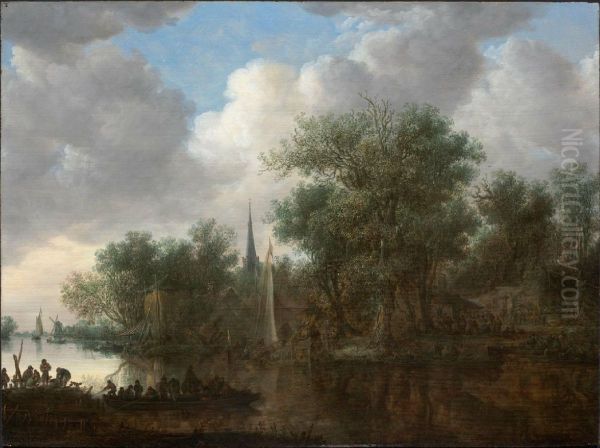 River landscape with boats and cottages on the bank - view 1