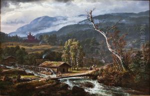 Landskapet pa Kaupanger med stavkyrkje / Landskap med stavkirke by Johan Wilhelm Ludwig Dahl