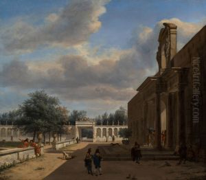 A Palatial Garden, with Figures emerging from a Palace on the Right by Jan Van Der Heyden