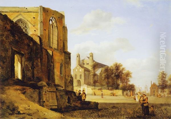 Cityscape with the ruins of a gothic building on the left and St. Pantaleon from Cologne in the background - view 1