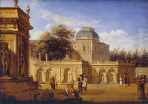 Gezicht op een beeldengalerij in de tuin van een landhuis by Jan Van Der Heyden