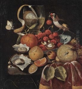 Still life of fruits wirh a goldfinch by Martinus Nellius