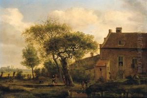 Landscape with a cottage surrounded by trees by Jan Van Der Heyden