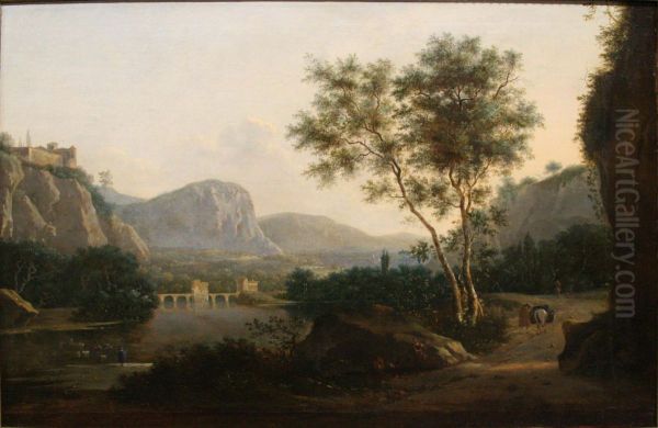 Southern river landscape with a fortified bridge; a castle on the left on the mountain tops - view 1