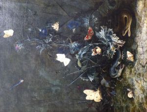 Sous-bois avec papillons autour d'un chardon by Otto Marseus van Schrieck