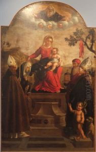 Madonna con Gesu Bambino benedicente in trono e santi
