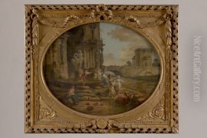 Paysage de ruines avec fontaine et la devise "Tant va la cruche a l'eau" by Hubert Robert