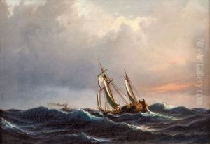 A ship in high seas at sunset by Anton Melbye