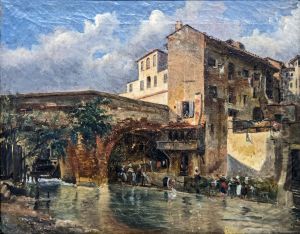 The Tounis bridge and the washerwomenFrancais:Le pont de Tounis et les lavandieresItaliano:Il ponte di Tounis e le lavandaie by unknown