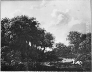 Wooded landscape with a deer hunt by Jan Van Der Heyden