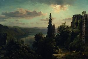 Ansicht des Nemisees im Albanergebirge bei Rom by Louis Gurlitt