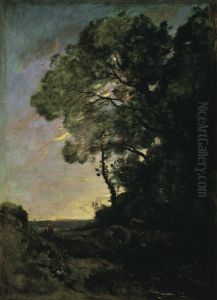 Tree landscape (evening) by Jean-Baptiste Camille Corot