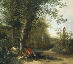 Peasant playing with his dog while resting at the margin of a wood by Adam Pynacker