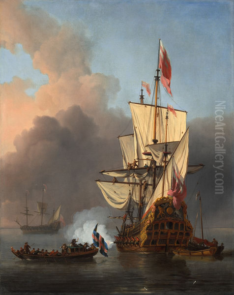 Een Engels oorlogsschip lost een saluutschot - view 1