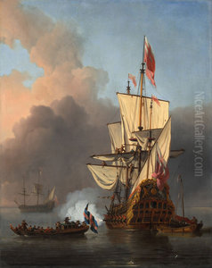 Een Engels oorlogsschip lost een saluutschot Een Engels oorlogsschip lost een saluutschot