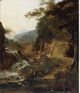 Italianate mountain landscape with shepherds and cattle at a waterfall by Adam Pynacker