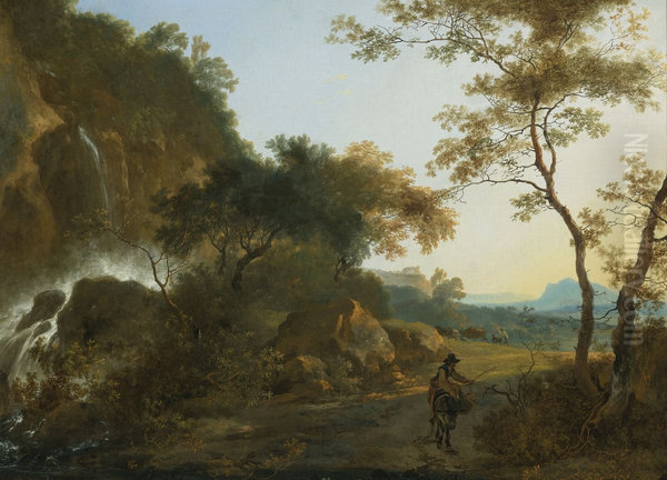 Italianate landscape with a traveller on a path by a waterfall - view 1