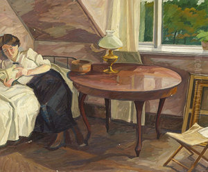 Interior med laesende kvinde. Interior med laesende kvinde.
