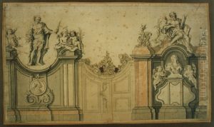 Design for a garden with statues of the Apostles Bartholomew and Andrew by Willem Ignatius Kerricx