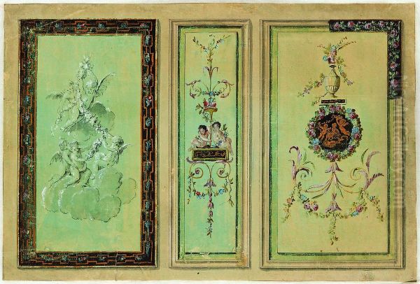 Trois ebauches pour la decoration de panneaux muraux dans le style Louis XVI - view 1