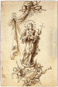 Tableau de la Sainte Vierge avec Enfant sur faucille et globe terrestre