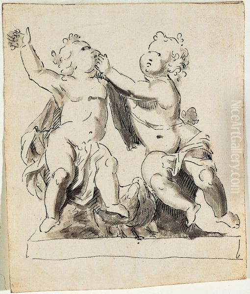 Ebauche d'une statue de jardin, se composant de deux enfants en position assise - view 1