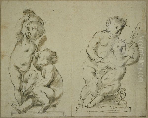 Two groups of children at play on a pedestal - view 1