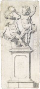 Gartenstatue: zwei Kinder auf einem hohen Sockel by Jan Pieter van Baurscheit the Elder
