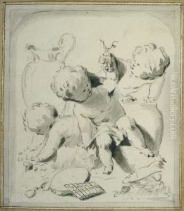 Design for a door ornament with putti by Jacob de Wit