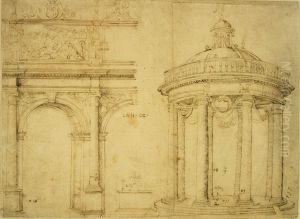 Dessin a la plume d'un portique et d'un temple rond by unknown