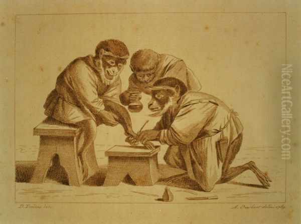 Trois singes qui se font des soins aux pieds - view 1