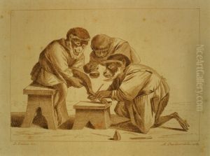 Trois singes qui se font des soins aux pieds by unknown