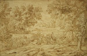 Flight of the Holy Family in an Italianate landscape by unknown