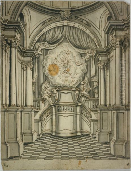 Zeichnung eines Kircheninterieurs mit Schausessel - view 1