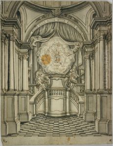 Zeichnung eines Kircheninterieurs mit Schausessel