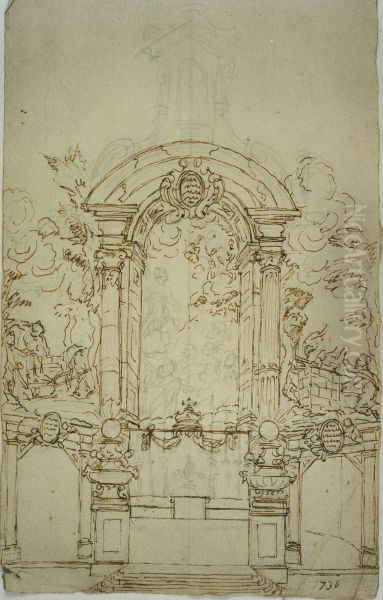 Dessin d'un autel avec partie superieure architecturale elevee - view 1