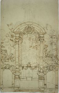 Dessin d'un autel avec partie superieure architecturale elevee