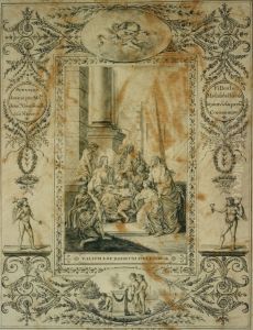 Titelblad (?) getekend ter gelegenheid van een eerste communie met de voorstelling van Christus omgeven door kinderen