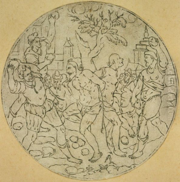 Medaillon representant la lapidation de deux hommes - view 1