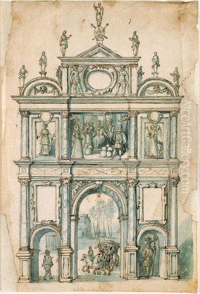 De triomfpoort voor de Sint-Michielsabdij bij de blijde intrede te Antwerpen in 1599 van de aartshertogen Albrecht en Isabella - view 1