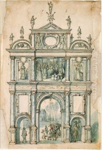 De triomfpoort voor de Sint-Michielsabdij bij de blijde intrede te Antwerpen in 1599 van de aartshertogen Albrecht en Isabella by Joos de Momper the Younger
