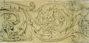 Decorative strip with foliage and putti by unknown