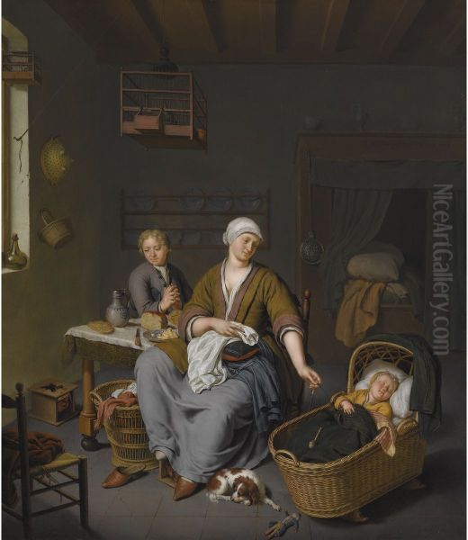 A young mother with two children in an interior - view 1