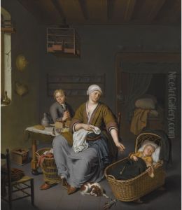 A young mother with two children in an interior by Willem Van Mieris Leiden