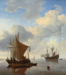 A Calm - A smalschip and a kaag at anchor with an English man-o'-war beyond
