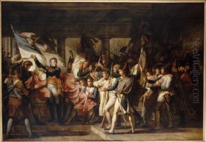 Le Marechal Ney remet aux soldats du 76e regiment de ligne, leurs drapeaux retrouves a l'Arsenal d'Inspruck le 7 novembre 1805