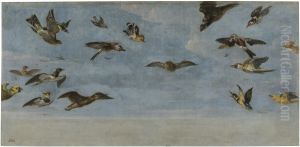 A little owl and a flock of bird