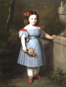 Retrato de nina de azul con rosas en la mano