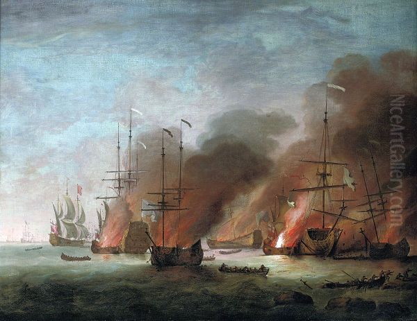 L'incendie des vaisseaux francais dont le navire amiral leSoleil Royaldans la baie de Cherbourg au cours de la longue bataille de La Hougue, 22 au 24 mai 1692 - view 1