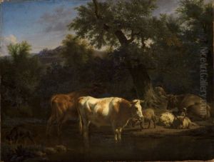 Forest landscape with resting cows and sheep by Adriaen Van De Velde